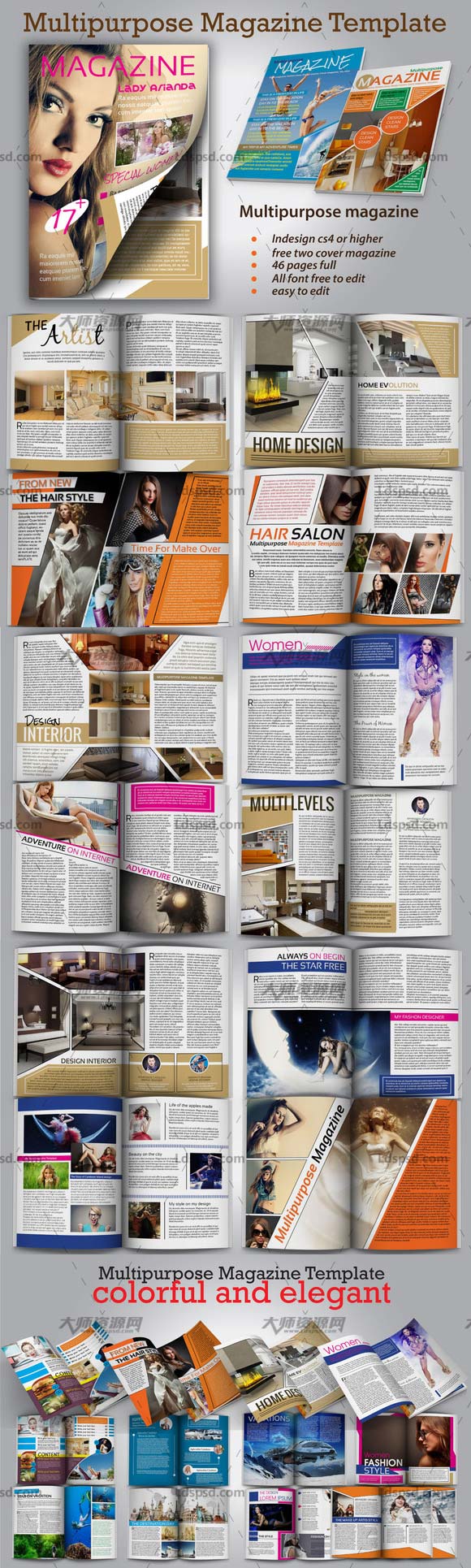 Multipurpose Magazine Template New,indesign模板－精美的商业杂志(通用型/46页)